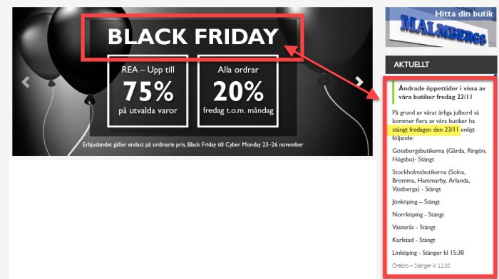 Reklambild för Black Friday med texten "REA – Upp till 75%" och "Alla ordrar 20% fredag t.o.m. måndag", datumförvirring.