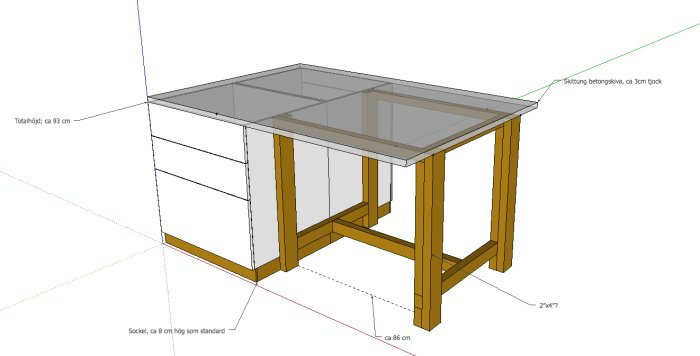 Skiss av ett byggprojekt för ett bord med Ikea Metod-skåp och en gjuten betongskiva.