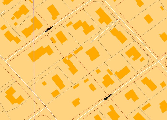 Karta över ett bostadsområde med utmärkta tomtgränser och en vit markerad väg.