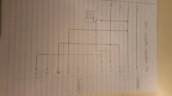 Handritat elschema för anslutning av radiatorer på linjerat papper.