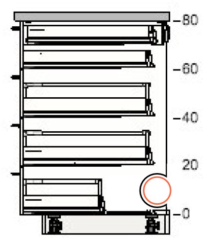 Diagram över anpassad möbelstomme med markering av röret vid 0-höjd, för visning av IKEA-skruvhålsmönster.