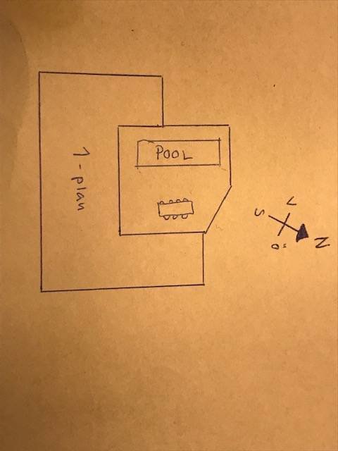 Handritad skiss av ett U-format hus med pool i mitten, orienterad norr/nordväst, med solriktning symbol.