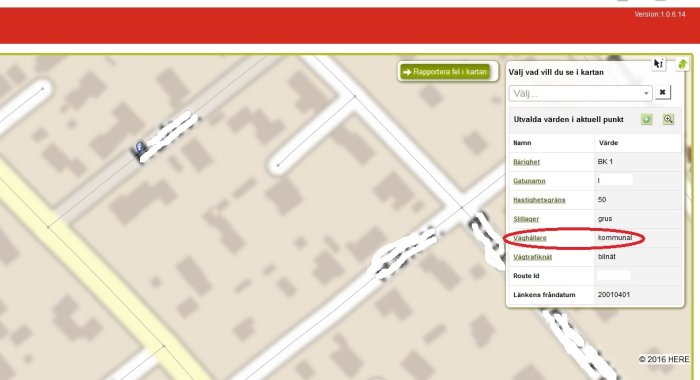 Skärmdump av digital karta med markerad information om en väg som underhålls av kommunen.
