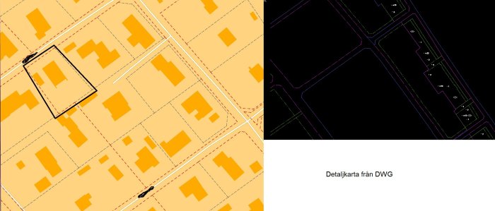 Ensam rosa markerad kvadrat på enklare detaljkarta jämfört med detaljerad DWG-vy av byggnader.
