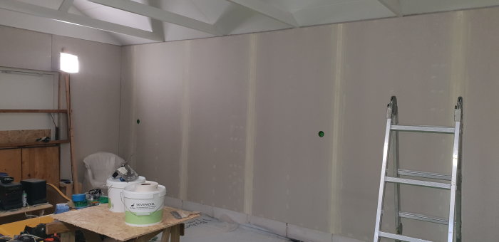Renoveringsarbete i rum med oslipade gipsskivor på väggarna, stege och spackelhinkar i förgrunden.