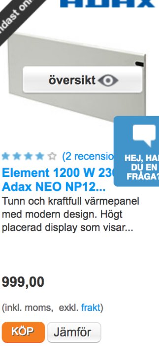 Skärmdump av en onlinebutik som visar ett modernt 1200W Adax NEO värmepanel med pris och köpknapp.