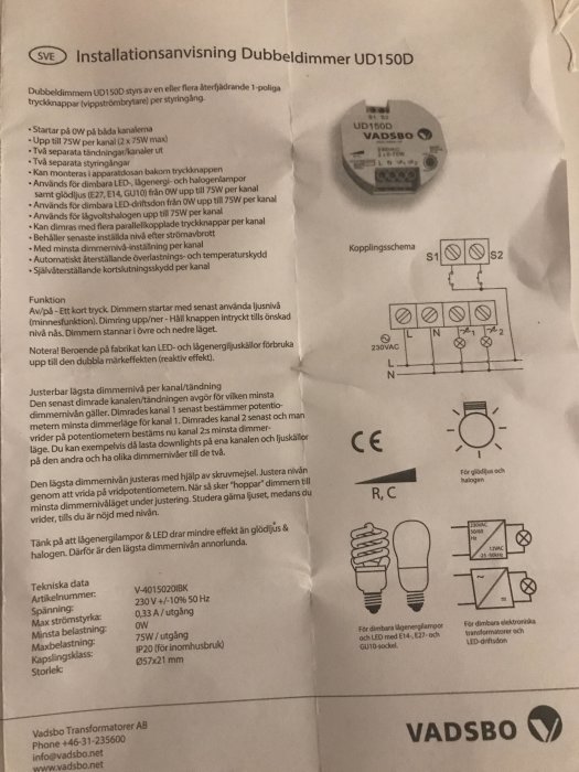 Krinklad installationsanvisning för Dubbeldimmer UD150D med skrivna instruktioner och kopplingsschema.