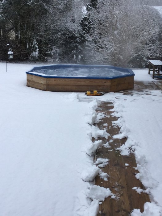 Uppvärmd mini-pool omgiven av snö med tydliga spår i snön som leder fram till den.