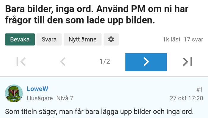 Skärmdump av forumtråd med regler om att endast ladda upp bilder utan text.