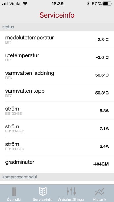 Skärmavbild av serviceinfo för värmesystem med temperaturvärden och strömstyrkor.