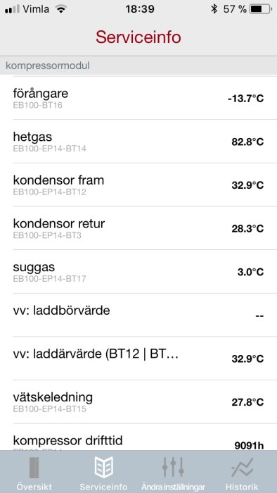 Skärmdump av serviceinfo för värmesystem med temperaturdata och drifttid.