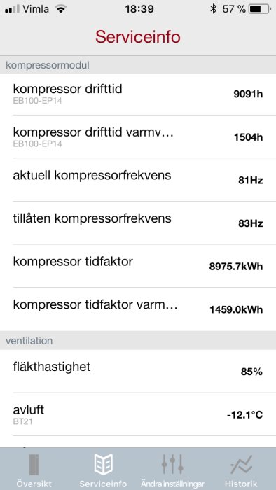 Skärmdump av serviceinformation för ventilations- och värmesystem med drifttider och temperaturer.