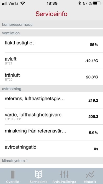 Skärmdump av serviceinformation för ett uppvärmningssystem med värden för ventilation och avfrostning.