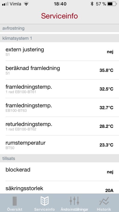 Skärmdump av värmesystems serviceinformation med temperaturvärden och inställningar.