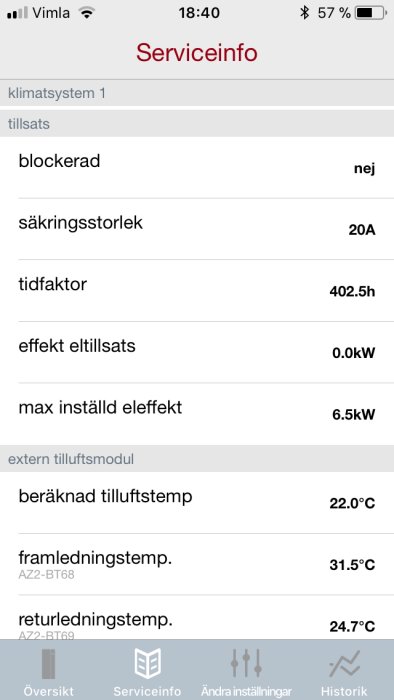 Skärmdump av serviceinformation för klimatsystem som visar driftdata som säkringsstorlek och temperaturvärden.