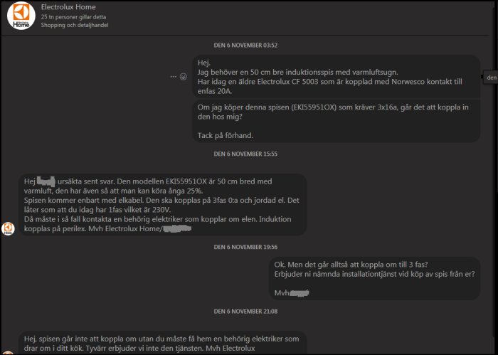Skärmdump av konversation på Facebook där en kund frågar Electrolux om installation av en induktionsspis.