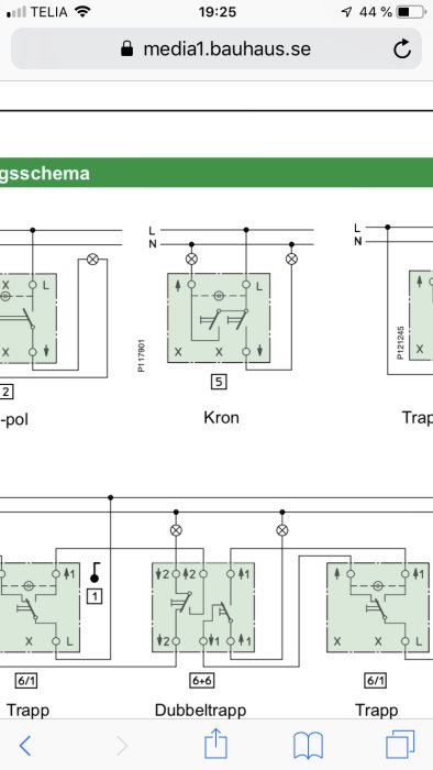 Elektriska kopplingsscheman för enkel- och dubbelpolig strömbrytare samt kronströmbrytare.