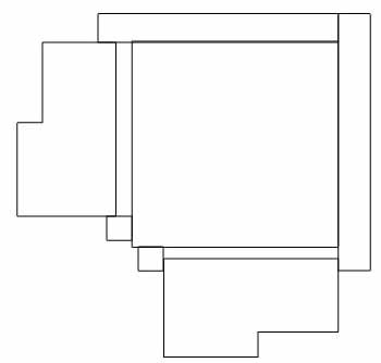 Schematisk bild av en horisontalsektion genom hörnet av ett fönster med markering av stolpe och karm.