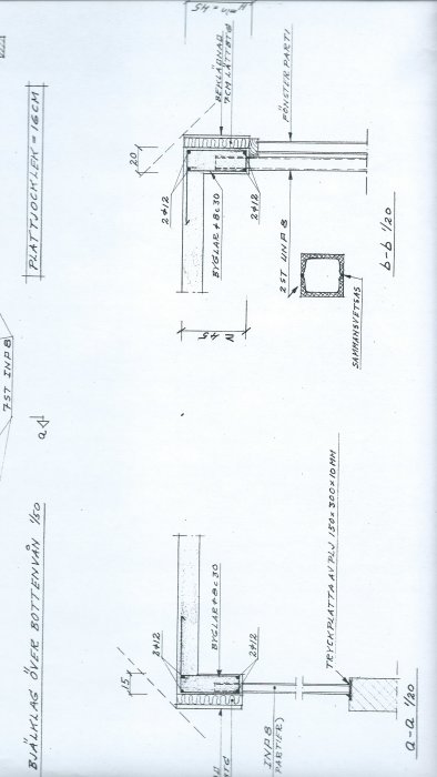 Arkitektonisk ritning av byggdetaljer med måttangivelser.