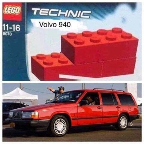 Humoristisk jämförelse mellan en LEGO Technic låda med en röd LEGO-kloss och en röd Volvo 940 kombi.