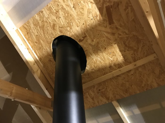 En skorsten som passerar genom en OSB-skiva i ett tak med synliga träbjälkar.