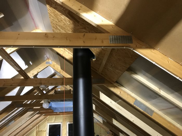 Inre takstruktur med synliga träbjälkar, OSB-skiva, masonit och en svart skorsten, samt fråga om luftspalt.