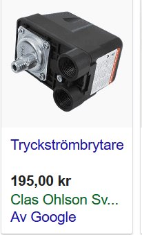 En tryckströmbrytare för pumpsystem med priset och försäljningsstället markerat.