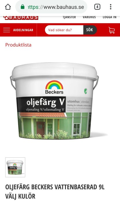 Hink med Beckers vattenbaserad oljefärg för utomhusbruk med bild av målad fasad.