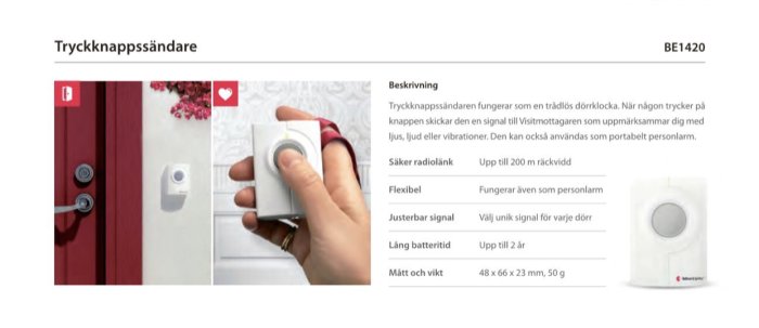 Bild av en tryckknappssändare bredvid en röd dörr och en hand som trycker på knappen, med produktbeskrivning.