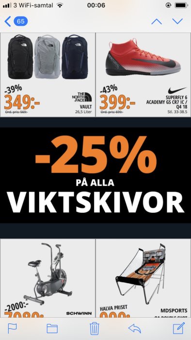 Reklambild för en sportaffär med erbjudanden på ryggsäckar, fotbollsskor, motionscykel och basketkorg, inte relaterad till viktplattor.