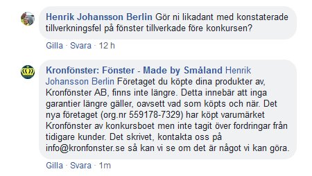 Skärmdump av diskussionstråd där användare diskuterar garantier för fönster relaterade till konkurs.