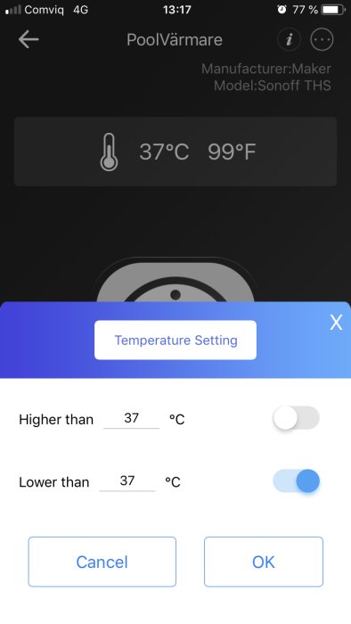 Smartphone-skärm som visar app för styrning av poolvärmare med temperaturinställningar.