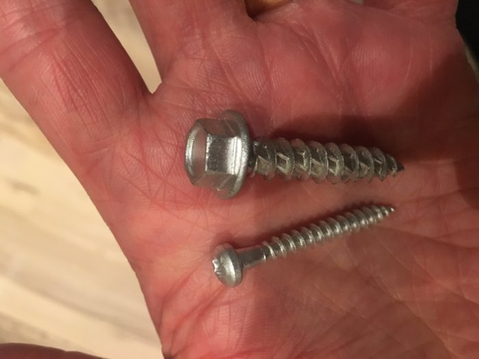 Två skruvar av olika längd i en handflata.