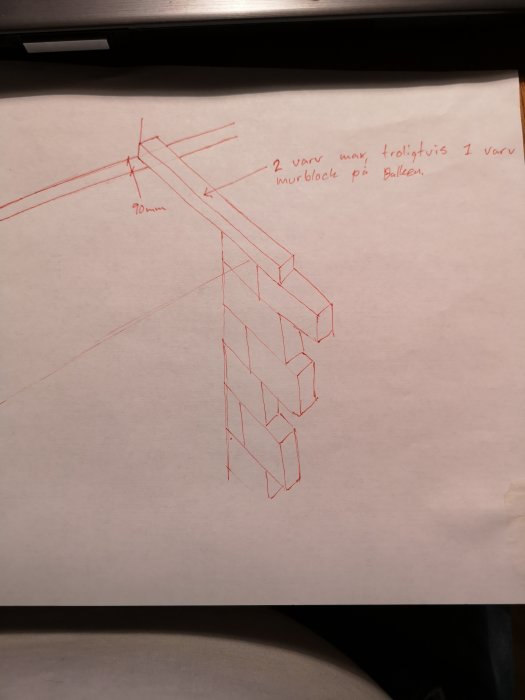 Ritning av icke bärande innervägg i källare med lättklinkerbalk och murblock.