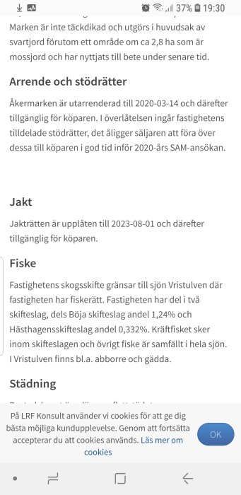 Skärmdump av ett inlägg på ett forum med text om arrende, jakt- och fiskerättigheter.