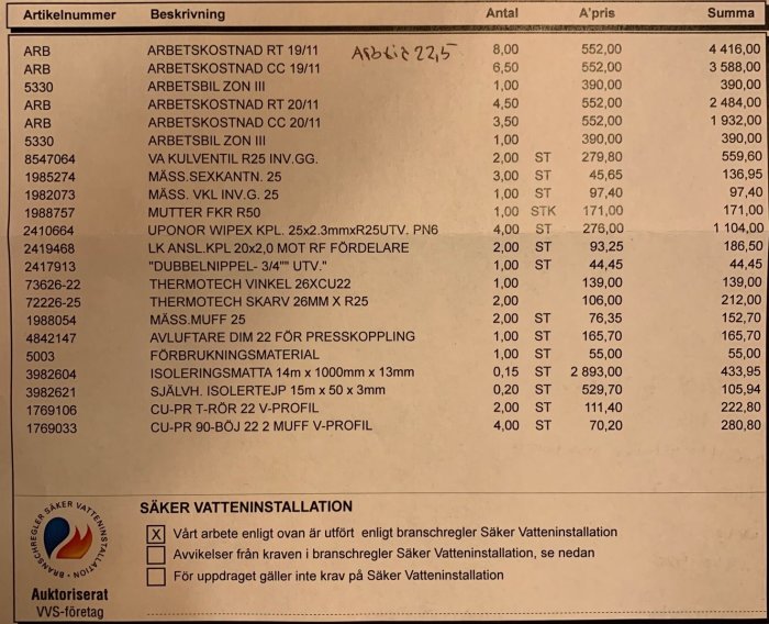 Faktura med detaljerad kostnadsuppställning för VVS-arbeten, inklusive arbetskostnader och material som rörkopplingar och isoleringsmaterial.