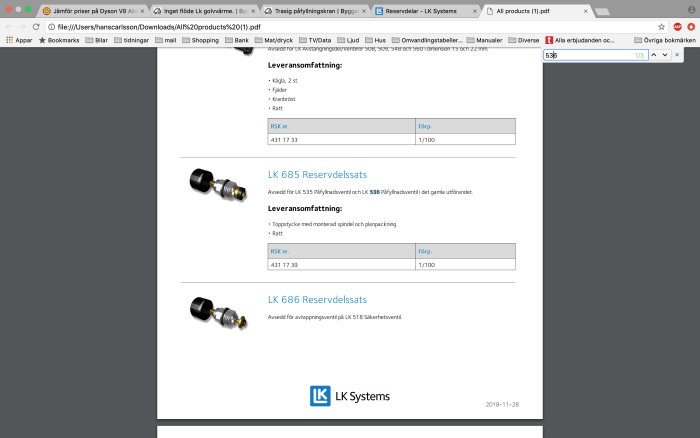 Skärmdump av LK 685 reservdelssats, passar LK 536, med produktdetaljer och bild på reservdel.