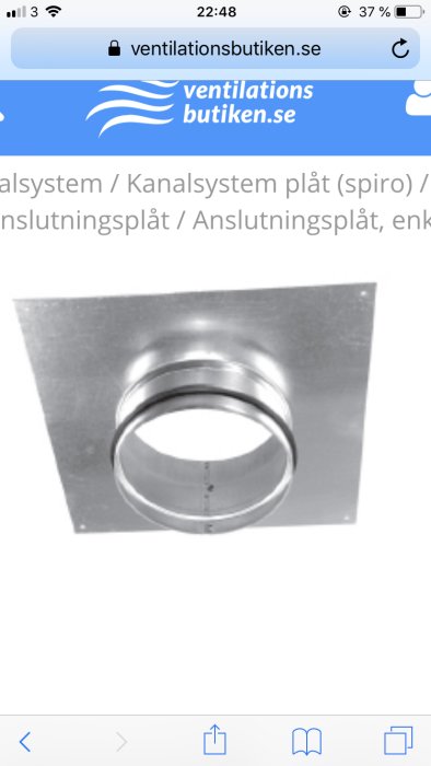 Anslutningsplåt för ventilationssystem med utskjutande rund anslutningsstos.