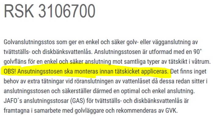 Skärmdump av produktbeskrivning för RSK 3106700 golvanslutningsstos med anvisning om montering innan tätskikt appliceras.