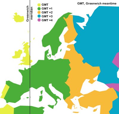 Färgkodad karta över Europas tidszoner i relation till Greenwich Mean Time (GMT).