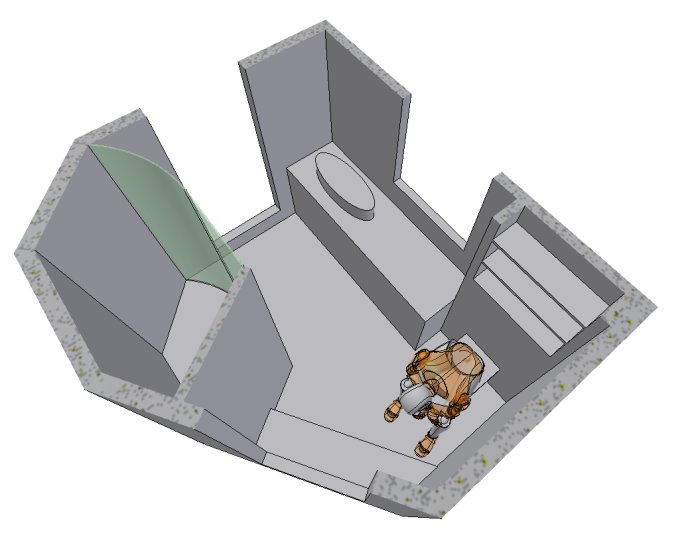 3D-skiss av ett badrum med sänkt golv, duschhörna, toalett och möblering.