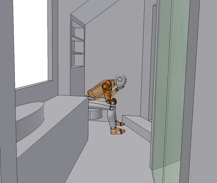 3D-ritning av ett badrum med sänkt golv, innehåller toalett, fönster och duschavskärmning.