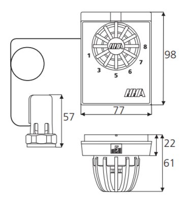 Teknisk ritning av en 1-håls utbytesventil med måttangivelser, sedd från sidan och underifrån.