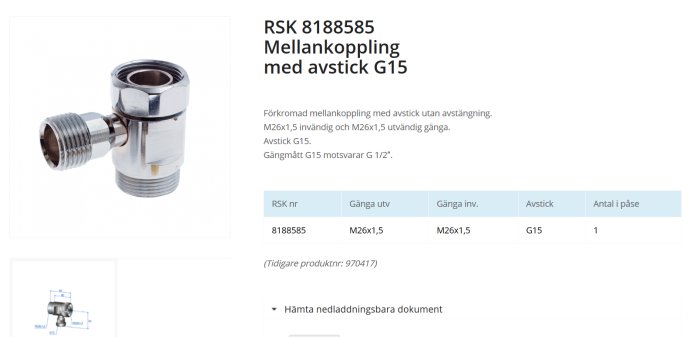 Förkromad mellankoppling för 160cc blandarfäste med M26 gänga och avstick G15.