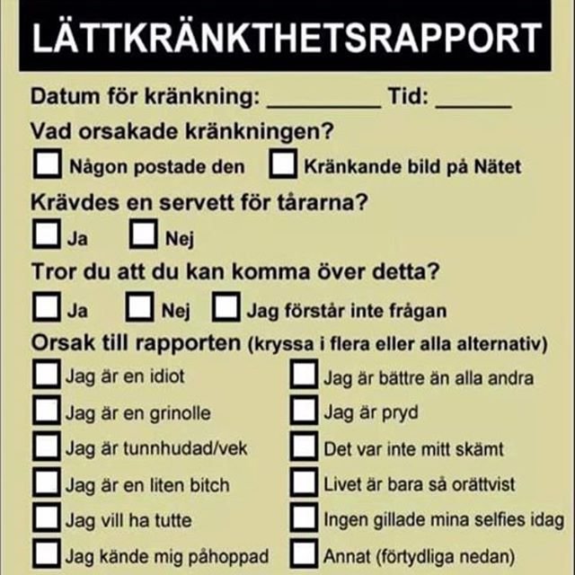 Skärmklipp av ett humoristiskt formulär med titeln 'LÄTTKRÄNKTETHETSRAPPORT' inklusive flervalsalternativ för vad som orsakade kränkningen.