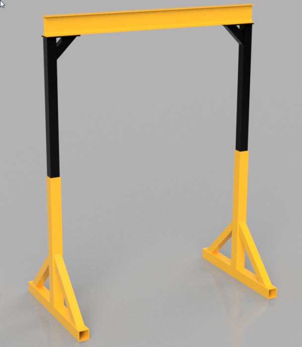 3D-rendering av ett designutkast till en portalkran med gula och svarta metalldelar.