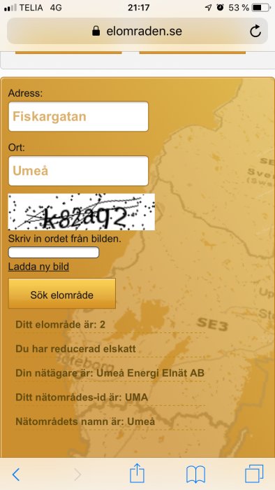 Skärmdump från elomraden.se med sökfält för adress och ort, resultat för Fiskargatan, Umeå inklusive elområde och nätägare.