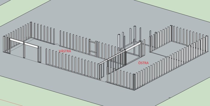 3D-modell av en husstomme i lösvirke med beteckningarna "VÄSTRA" och "ÖSTRA" som visar takstolar och bärande innervägg.