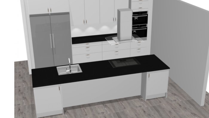 3D-rendering av modernt kök med vita skåp och svart granitskiva.