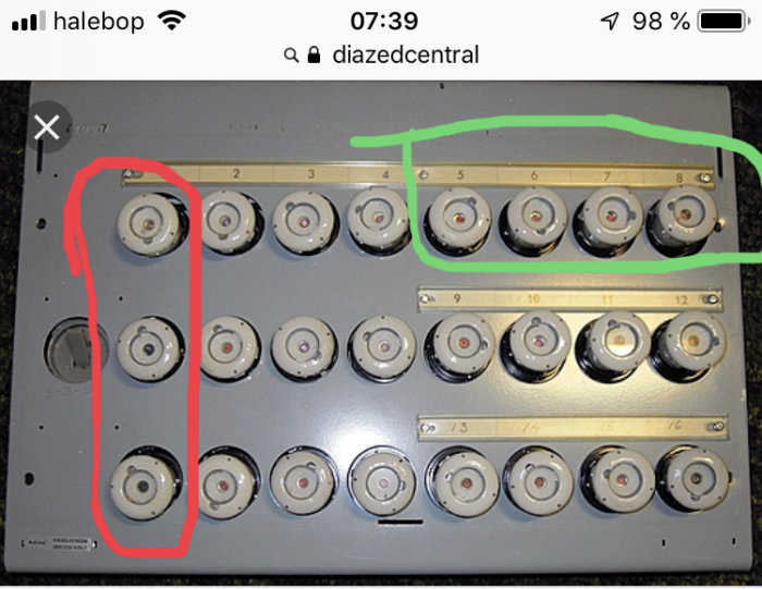 Bild på en äldre diazed elcentral med markerade 3-fasgrupp säkringar.